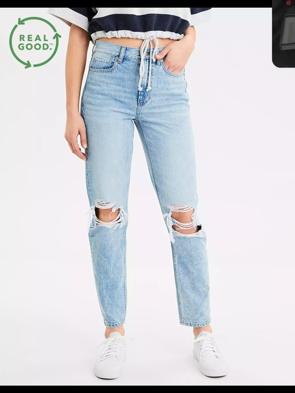 American Eagle Outfitters Light Blue High-Rise Distressed Mom Jeans